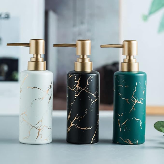 Gold Soap Dispenser for Bathroom or Kitchen, Skinny Ceramic Lotion Bottle with Marble Pattern, Rust-Free Pump(Black)