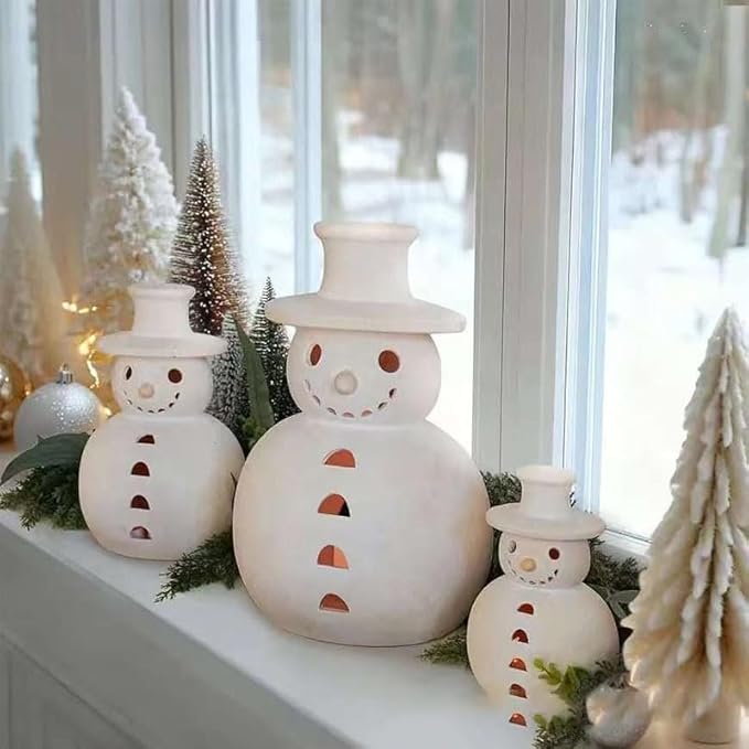 Vintage-Style Ceramic Snowman Christmas Decorations, White Resin Holiday Decor, Tabletop Accent (20cm)
