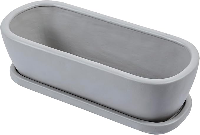 MyGift 14 Inch Oval Modern Gray Concrete Succulent Planter Pot with Drainage Hole and Removable Saucer, Decorative Cement Indoor House Plant Container for Flowers, Cactus, Herbs