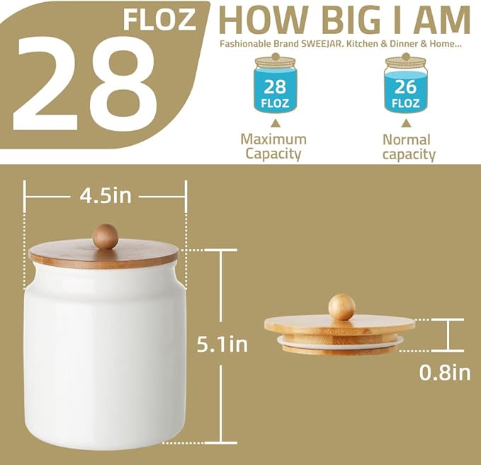 Sweejar 28 Fl oz Ceramic Kitchen Canisters, Porcelain Food Storage Jar with Airtight Seal Wooden Lid, Home Container Serving for Coffee Beans, Tea-leave, Sugar, Salt and More, Tool Bucket (White)