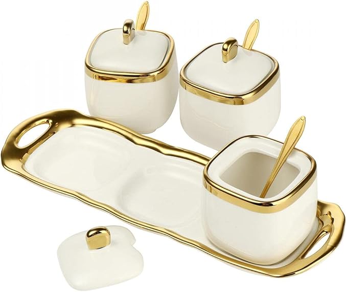 3 pack Ceramic Sugar Bowls Set-Marble Porcelain Spice Jars Storage Containers Condiment Jar Spice Container with Spoons and Lids for Home and Kitchen (White)