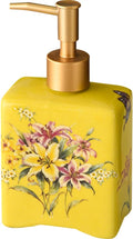WAYUTO 12 Oz Vintage Soap Dispenser Ice Crack Ceramic Liquid Soap Dispenser Lotion Pump Bottle for Kitchen Countertop Bathroom Decorative Antique Floral Porcelain Hand Soap Dispenser Yellow Lily