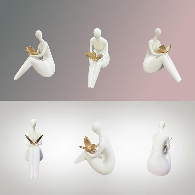 White Abstract Sitting Figurine with Gold Butterfly – Modern Shelf Sitter Sculpture for Home Decor, Minimalist Statue, Elegant Desk Ornament for Living Room, Office & Bookshelf Decoration
