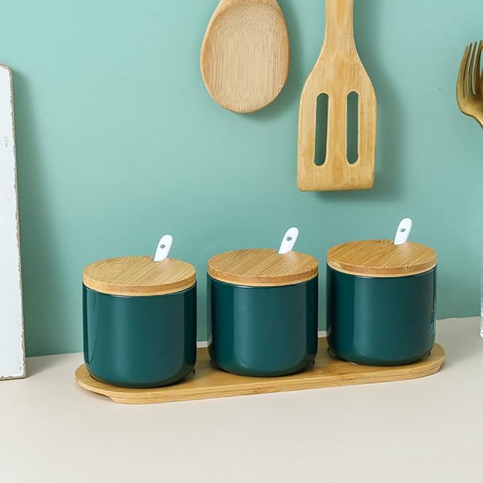 Simple Pure Color Ceramic Spice Jar Seasoning Box Condiment Pot Sugar Bowl with Bamboo Lid and Spoon