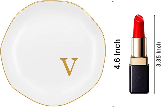 Ceramic Jewelry Tray, Personalized Initial Ring Dish, Elegant Trinket Tray for Rings Earrings Bracelet Necklaces, White Decorative Jewelry Holder for Women Vanity, 4.5 Inch, Letter V