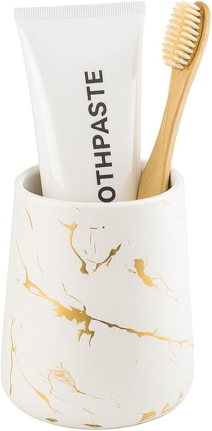 Marble Ceramic Toothbrush Holder Cup – 14.2oz Bathroom Tumbler for Toothbrushes, Makeup Brushes, or Rinsing, White with Gold Veins