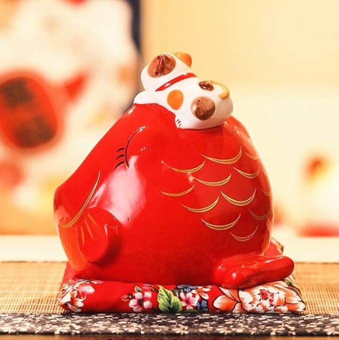 EatingBiting 6.5" Japanese Ceramics Maneki Neko Cat Fish Big Mouth Ornament Collectible Figurine Big Mouth Fish carp Storage Box Decoration Ornamental Art Sculpture Home Decor Decorative Beckoning