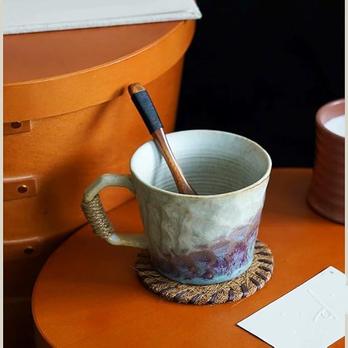 10oz Retro Vintage Japanese Style Handmade Ceramic Tea Cup with Handle, Lead-Free Reactive Glaze Artisanal Coffee Mug, Comfortable handle Handmade Pottery Tea Mug for office and home
