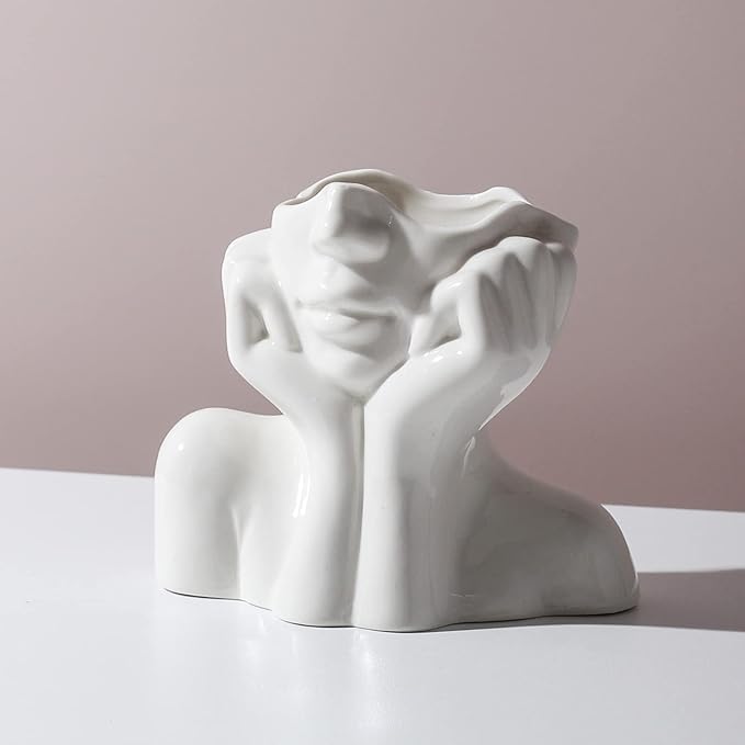 Ceramic Face Vase - Cute Half-Body Female Head Planter for Flowers, Modern Farmhouse Decor - Perfect for Desk, Table & Bookshelf, Home Accent (Small)