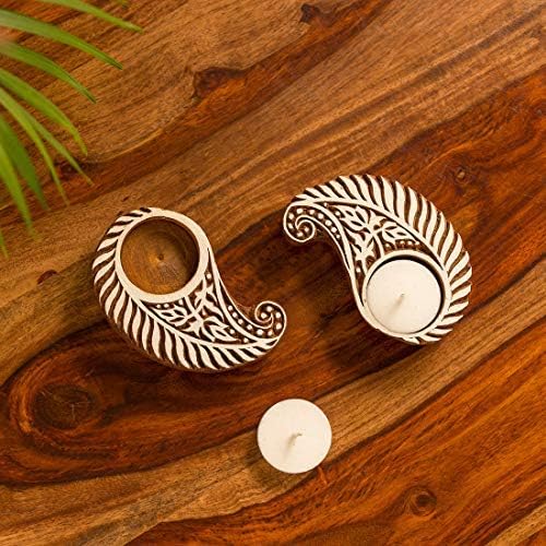 Western Eiderdown Presents Paisley Hand-Carved Blocks Tea-Light Holders (Set of 2, Sheesham Wood) - Decorative Tea Light Candle Holder for Home Décor Votive Tea Light Holder T #Aport-203