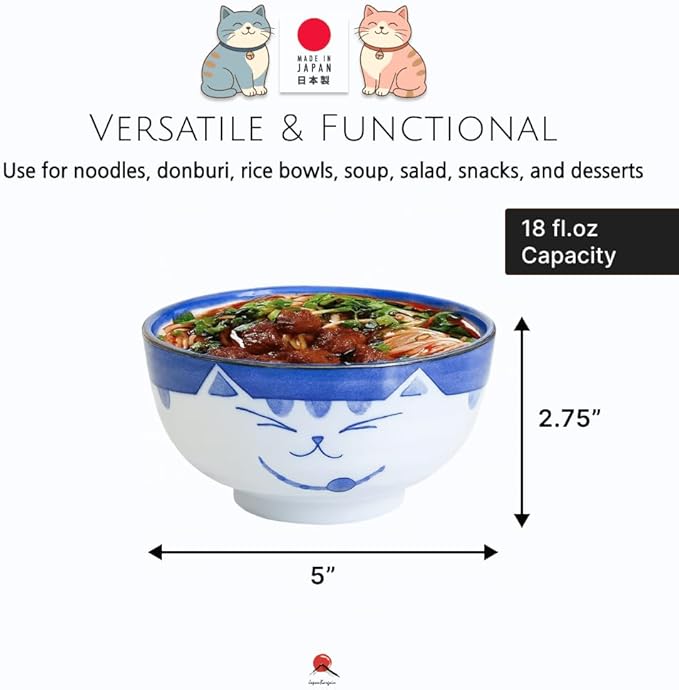 JapanBargain 2471, Set of 4 Japanese Porcelain Bowls Serving Miso Soup Pho Ramen Udon Donburi and Salad, Maneki Neko Smiling Cat Pattern, 18 fl.oz. 5-inch, Blue Color, Made in Japan