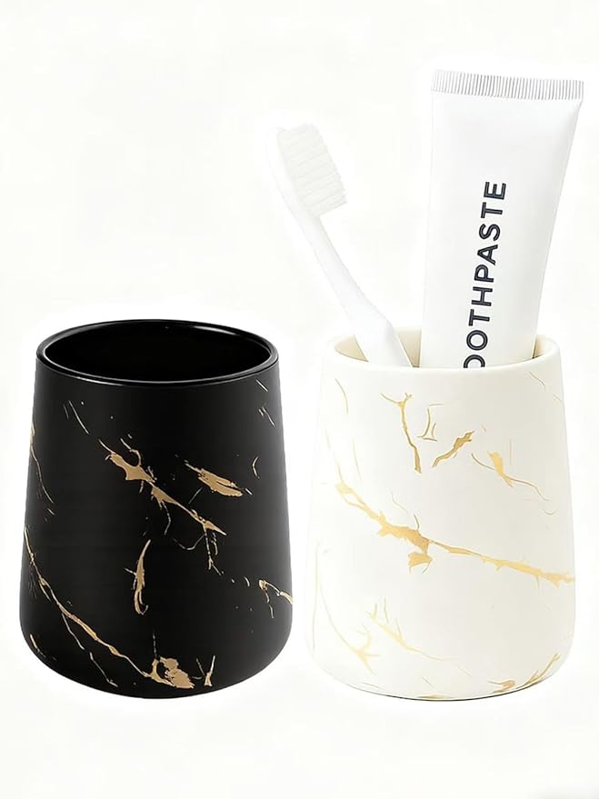 Black Marble Ceramic Toothbrush Holder Cup – 14.2oz Bathroom Tumbler for Toothbrushes or Makeup Brushes, Matte Black with Gold Veins