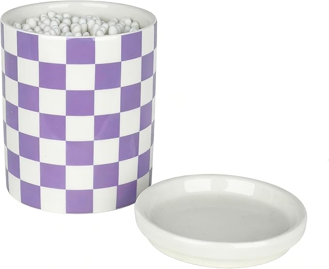 Q tip Holder, Qtip Dispenser with Lid, Cotton Swab Ball Holder Container for Bathroom, Ceramic Q-tip Canisters/Apothecary Jar, Modern Lavender Purple Checkered Bathrooms Decor