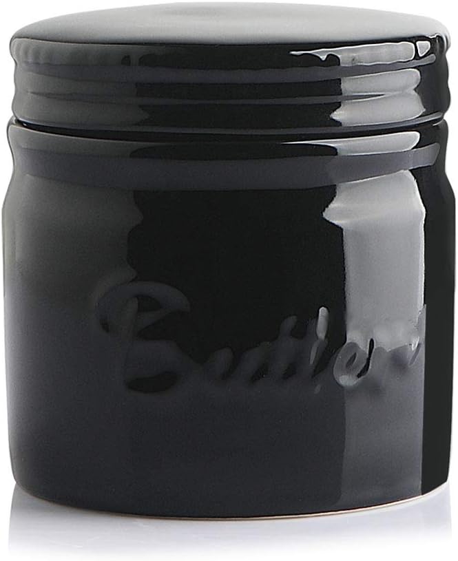 Sweejar Porcelain Butter Keeper Crock, French Dish With Water Line, Ceramic Container for Soft Butter (Black)