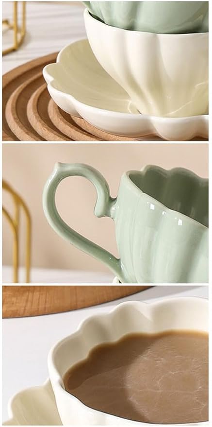 Flower Shaped Ceramic Coffee Cup Teacup with Saucer, Set of 2-Green