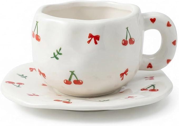 TREEWOO Hand Painted Cherry Ceramic Coffee Cup and Saucer Set, 300ml/10 oz, Korean Style, Hand Pinched Irregular Cappuccino Latte Tea Cup