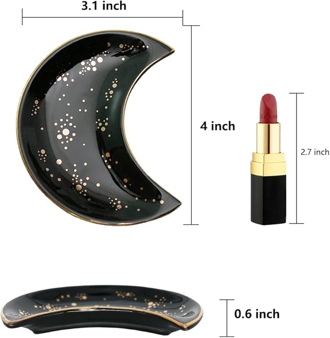 Soddeph Small Moon Ceramic Jewelry Tray, Decorative Trinket Dish, Ring Holder Plate, Modern Accent Tray for Bathroom, Nightstand, Entryway Table, Vanity (2, Black)