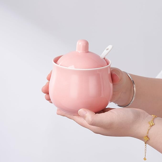 Ceramic Sugar Bowl with Lid and Spoon, Pink Porcelain Sugar Salt Pepper Storage Jar, 12 Ounces