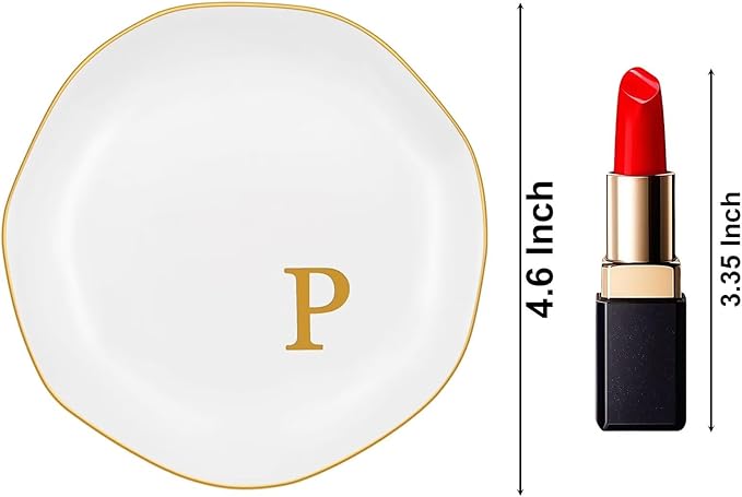 Ceramic Jewelry Tray, Personalized Initial Ring Dish, Elegant Trinket Tray for Rings Earrings Bracelet Necklaces, White Decorative Jewelry Holder for Women Vanity, 4.5 Inch, Letter P