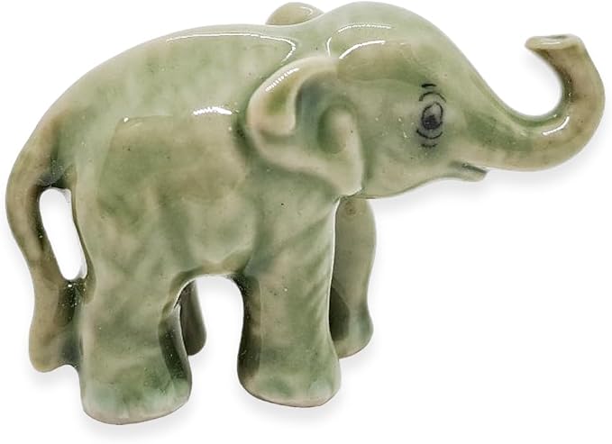 ChangThai Design Tiny 1" Light Gray Baby Elephant Stand Lift Trunk Figurine - Miniature Hand Made Painted Ceramic Asian Elephants Cute Wild Animals Porcelain Decorative Collectible Figures Décor Gifts