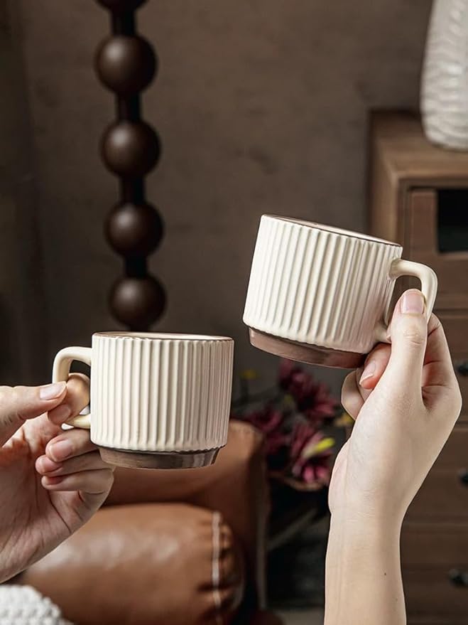 Artisanal Ceramic Mug & Walnut Saucer Set for Coffee Latte, Cappuccino Espresso Tea - 8.3oz/250ml Textured Coffee Cup with Wood Saucer, Dishwasher & Microwave Safe Gift