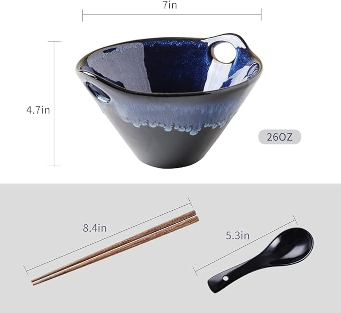KOOV Porcelain Japanese Ramen Bowls with Chopsticks and Spoons, 26 Ounce, Deep Pho Bowl, Reactive Glaze (Blue Galaxy), Set of 2