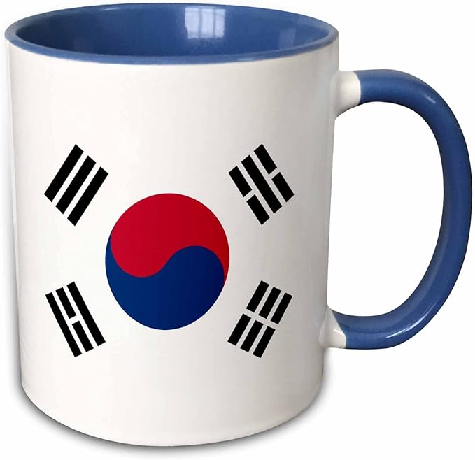 3dRose Flag of South Korea - Korean white red blue taegeuk circle black trigrams - Taiji Yinyang Taegeukgi 11oz Two-Tone Blue Mug