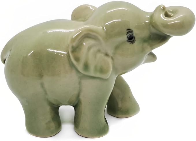 ChangThai Design Tiny 2½" Green Baby Elephant Curling Up Trunk Figurine - Miniature Hand Made Painted Ceramic Asian Elephants Cute Wildlife Animals Porcelain Decorative Collectible Figures Décor Gifts