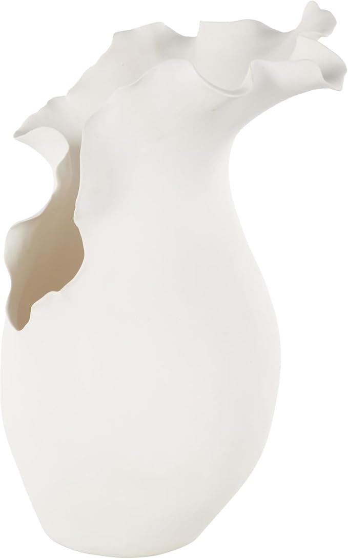 Deco 79 Ceramic Abstract Decorative Vase Floral Inspired Centerpiece Vase with Wavy Edge, Flower Vase for Home Decoration 9" x 9" x 15", White
