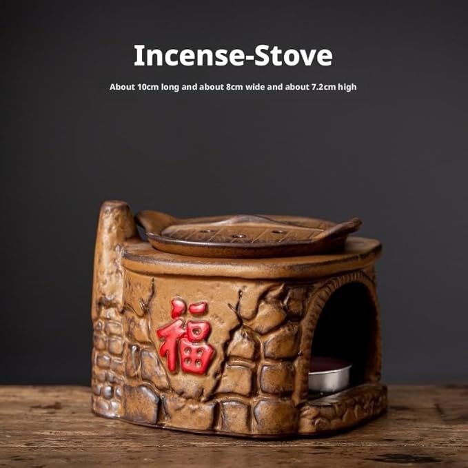Traditional Chinese Ceramic Incense Burner and Tea Warmer, Brown Stone-Like Finish, 3.94x3.15x3.35 Inches, Multi-Purpose Design with Tea Roasting and Aromatherapy Functions (Stove Style)