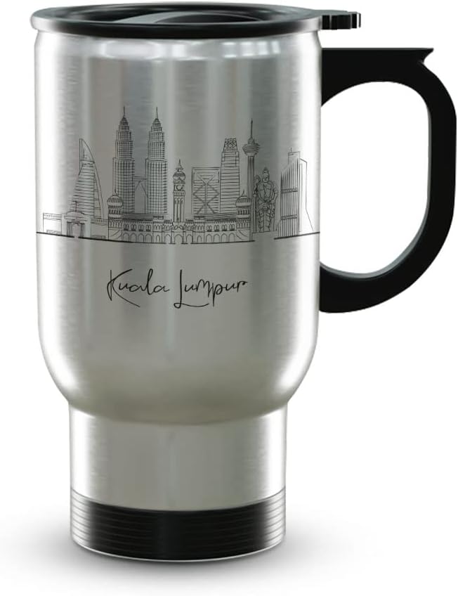 Kuala Lumpur Skyline Steel Mug, Asia Skyline 14oz Travel Mug with Handle & Lid Custom Travel Tumblers, Gift For Birthday, Spill Resistant Tumblers for Women, Personalized Tumbler