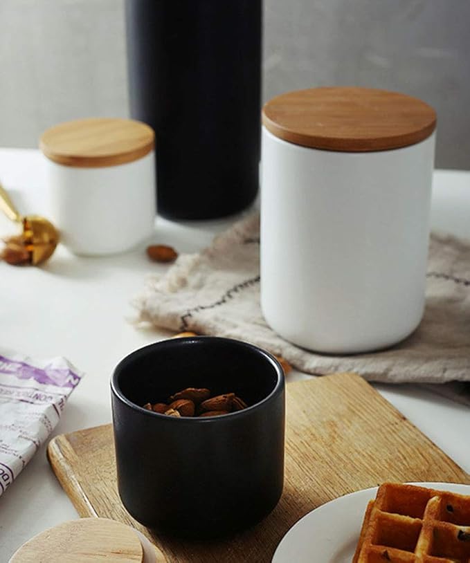 Ceramic Pure Color Sugar Bowl Spice Jar Storage Pot with Wooden Lid,25oz