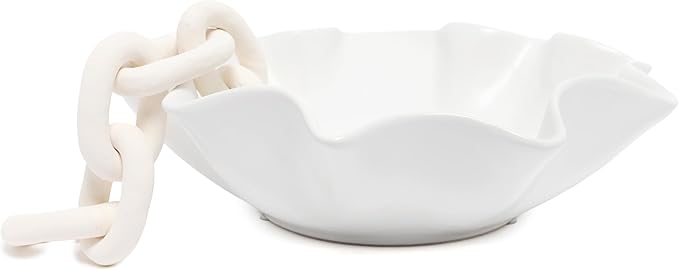 White Ceramic Wavy Edge Decorative Bowl - Modern Organic Sculptural Centerpiece for Coffee Table, Irregular Ripple Rim Display Bowl, Minimalist Home Decor Accent for Living Room Entryway 3.5H X 12D