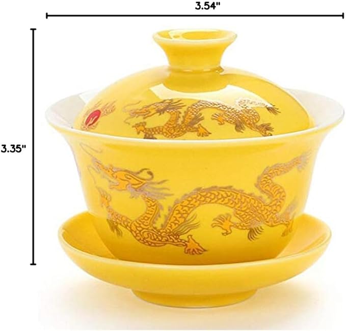 Porcelain Kung Fu Tea Cup and Saucer with Lid, Chinese Traditional Gaiwan Sancai Tea Bowl Tea Set Dragon Pattern (Yellow)