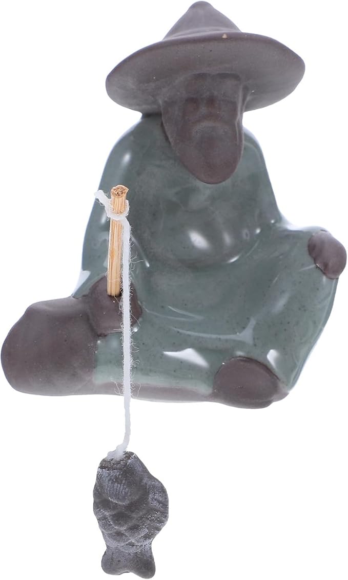 Tofficu Tiny Landscape Decoration Asian Zen Figurine Porcelain Fisherman Sculpture Miniature Bonsai Tree Ornament for Indoor Garden Tabletop Decor