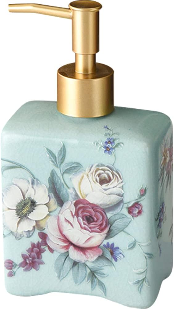 WAYUTO 12 Oz Vintage Soap Dispenser Ice Crack Ceramic Liquid Soap Dispenser Lotion Pump Bottle for Kitchen Countertop Bathroom Decorative Antique Floral Porcelain Hand Soap Dispenser Blue Peony