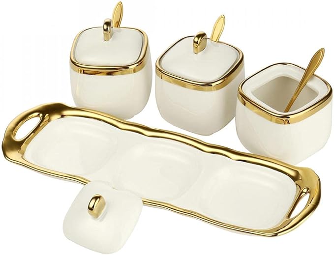 Set of 3 Porcelain Condiment Jar Spice Container with Lids, Ceramic Sugar Bowls Condiment Pots Spice Jars Seasoning Box Set, Best Spice jar for Your Home, Kitchen, Counter (White suit)