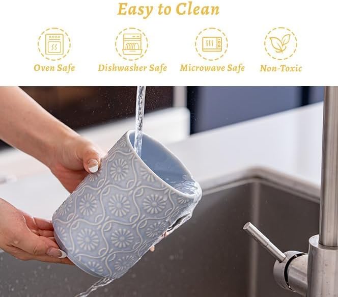 TEATALK Ceramic Utensil Holder Set, 360° Rotating Organizer for Countertop, Farmhouse Vintage Style, Large and Small Crocks in Light Blue，7.7"+5.7", Light Blue