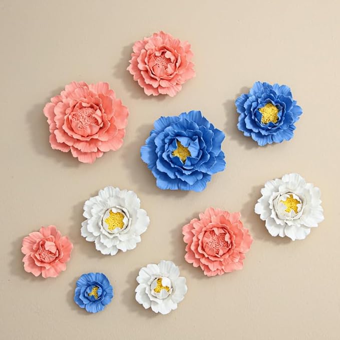 Ceramic Flower Wall Art, Artificial 3D Flower Wall Art, Handmade 3D Wall Art Hanging Sculpture, Porcelain Flower Wall Decoration for Home Office Decor (Orange，Peony，2.76")