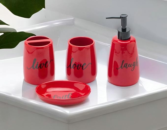 Bathroom accesory Set, Ceramic, 4pc,Toothbrush Holder soap Dispenser soap Dish Tumble Cup for Bathroom Decor and Gift (Navy) (RED)