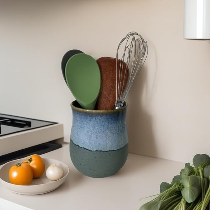 Short Kitchen Utensil Holder for Kitchen Counter, Ceramic Small Utensil Crock & Vase & Holder for Cutlery Spatula Brush Silverware Cooking Utensil Holder (Retro Sea Blue)