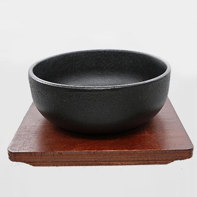 Cast Iron Bibimbap Bowl Set 15cm Korean Stone Pot with Wooden Tray for Induction Cooker Daily Use Kitchen Serving and Mixing Food Bowl