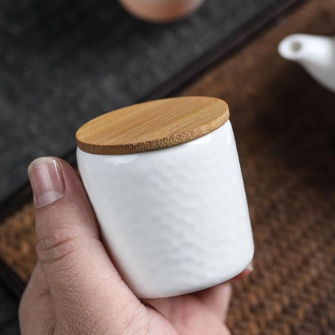 luzen 2Pcs Empty Small Ceramic Kitchen Food Tea Storage Canister Travel Portable Coffee Sugar Loose Tea Sealed Jar Pot Containers with Bamboo Lid for Storage Spices Powder Loose Tea Coffee, White