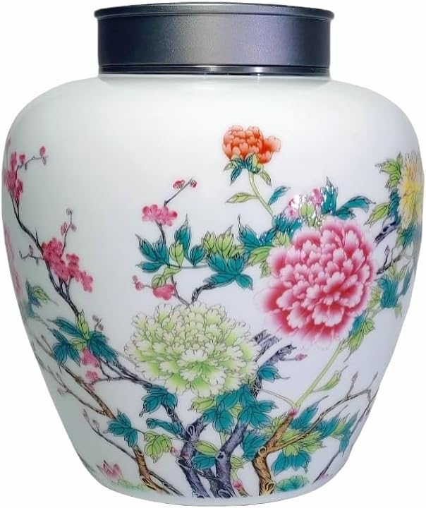 WF Chinese Ceramics Ginger Jar, Porcelain Storage Jar, Double layer metal cover - Airtight Container for Coffee Beans, Tea Kitchen Home Collectibles 1000 ML