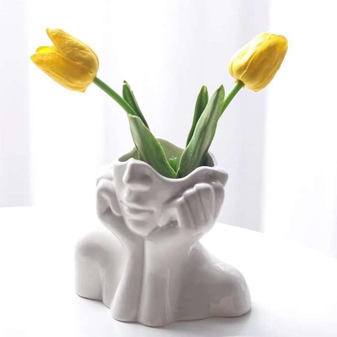 Ceramic Face Vase - Cute Half-Body Female Head Planter for Flowers, Modern Farmhouse Decor - Perfect for Desk, Table & Bookshelf, Home Accent (Small)