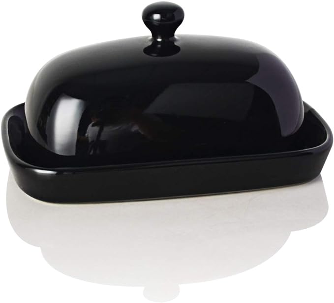 Sweejar Ceramic Butter Dish with Lid for Countertop,Porcelain Butter Keeper with Knob Handle,Butter Container for East/West Coast Butter, 7.1*3.7 inches (Black)