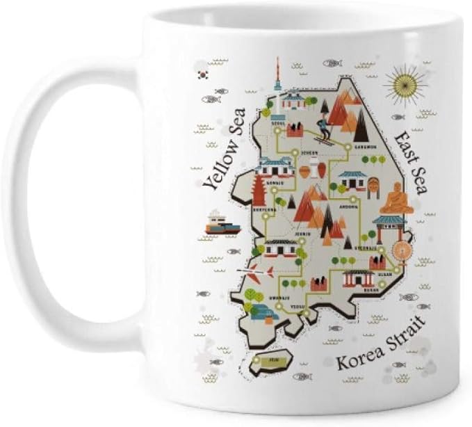South Korea Landmarks Travel Map Mug Pottery Ceramic Coffee Porcelain Cup Tableware