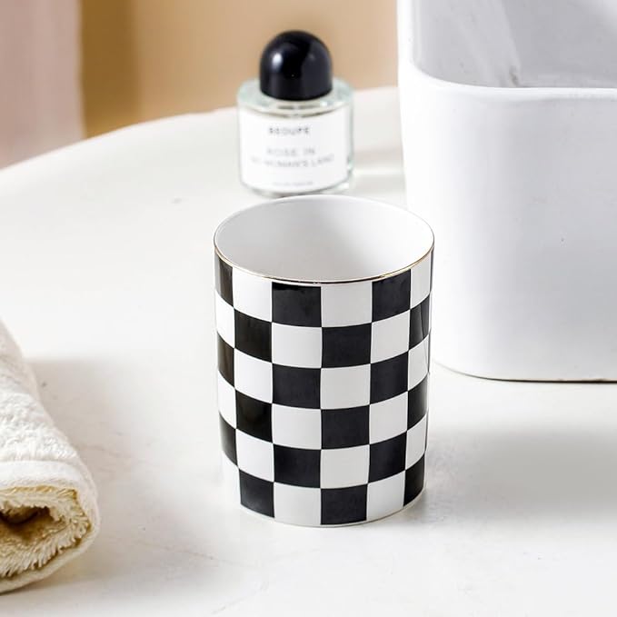 Ceramic Toothbrush Holder Toothpaste Holders, Cute Bathroom Tumbler Cups Reusable,Checkered Bathroom Counter Decor Organizer, Makeup Brush Holder,Pen Holder (Black)