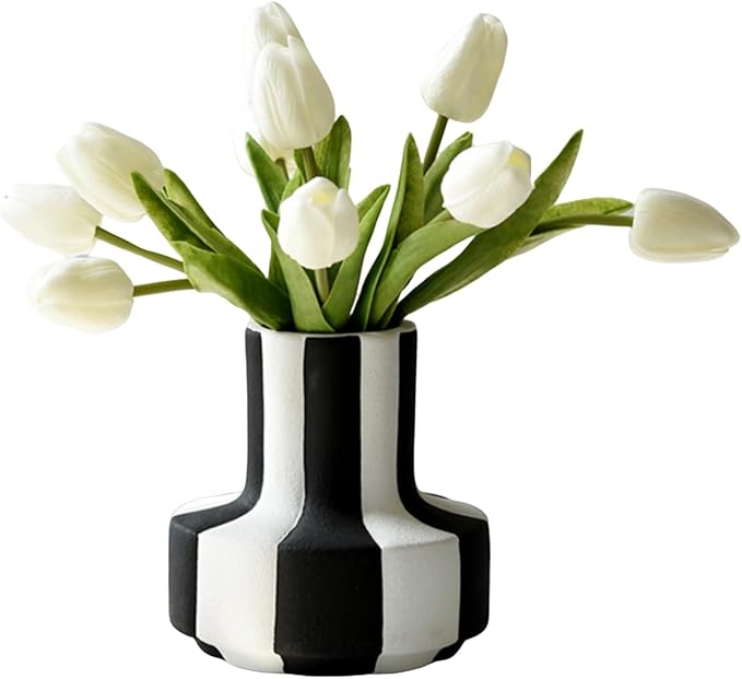 Modern Nordic Black and White Striped Ceramic Vase – Rough-Textured Minimalist Tabletop Decor for Living Room, Bedroom, Office – Unique Centerpiece for Wedding or Housewarming Gift