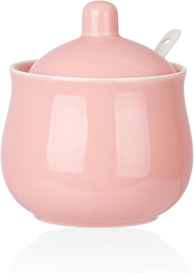Ceramic Sugar Bowl with Lid and Spoon, Pink Porcelain Sugar Salt Pepper Storage Jar, 12 Ounces